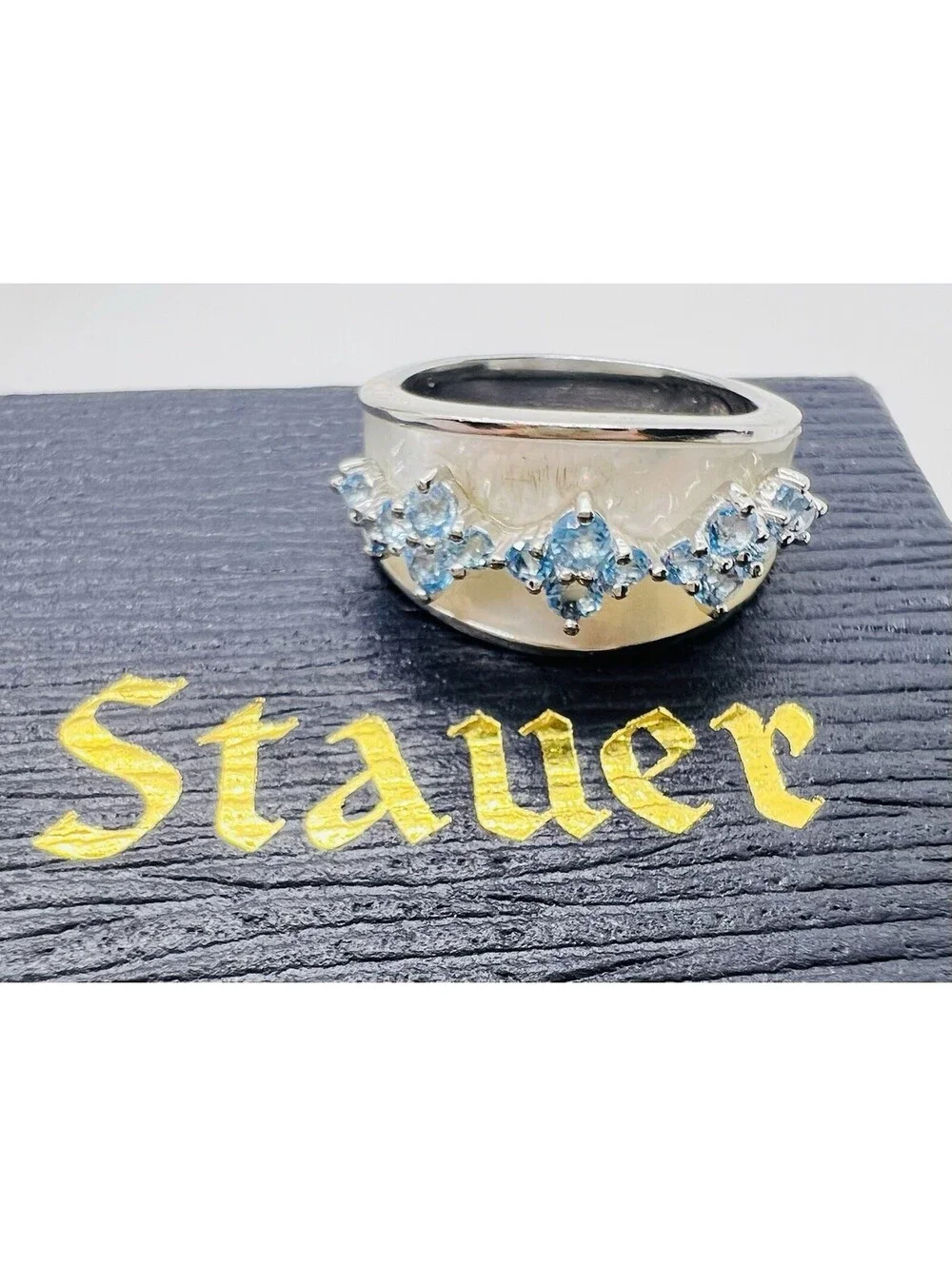 Stauer Pearl Topaz Ring swiss blue silver 925 Sz 7 luxury statement irridescent